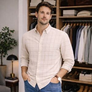 Club Monaco Ivory Windowpane Flannel Shirt – Men’s Small (Slim Fit)